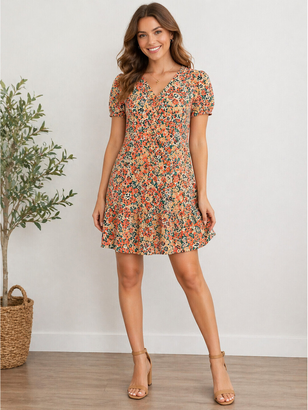 LOFT XS Floral V-Neck Puff Sleeve Button Front Dress Rayon Woven EUC